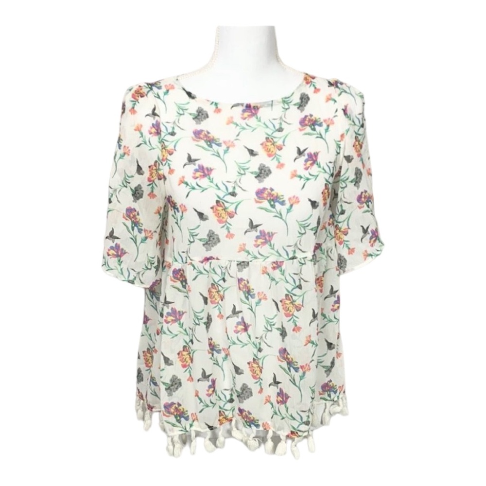 Altar’d State Sheer Floral Elbow Sleeve Tassle Trim Boho Blouse Size XS